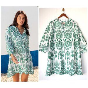 Mersea Edie Embroidered Tunic Green Mini Dress Size Large Pull over cotton Beach